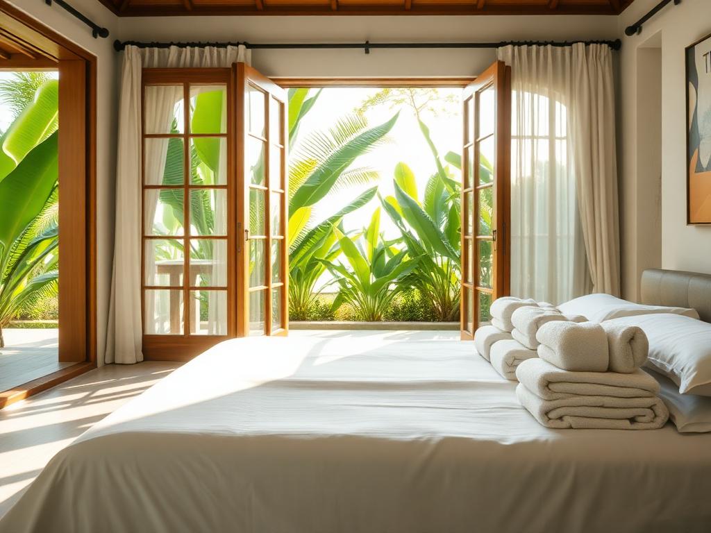 Freshly cleaned Bali villa bedroom with folded towels and tropical garden view